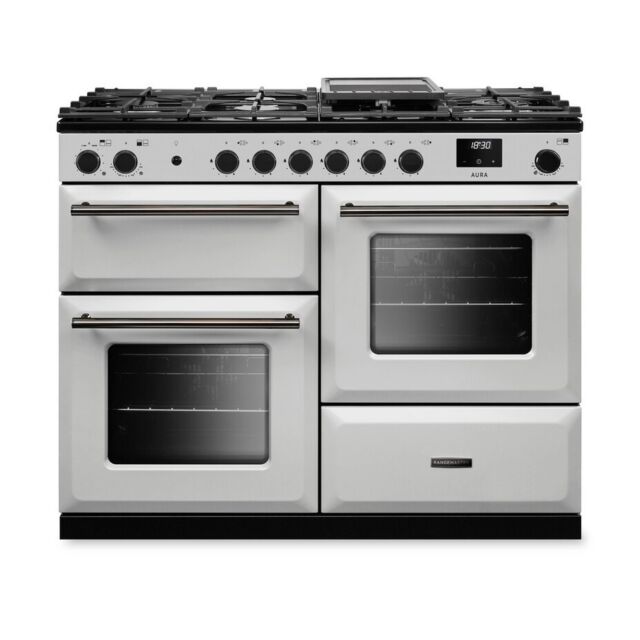 Aga Rangemaster AURO110DF/19307 White Aura 110Cm Dual Fuel Range Cooker With Onyx Trim