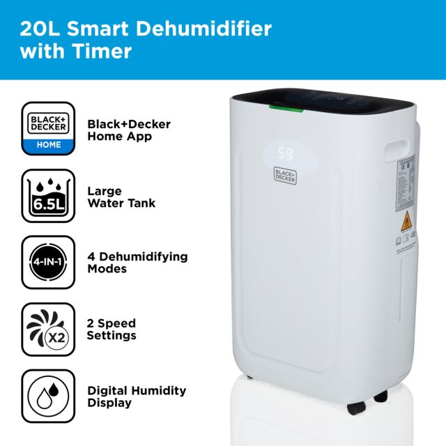 Black And Decker 20 Litre Dehumidifier With 24 Hour Time, 6.5 Litre Water Tank