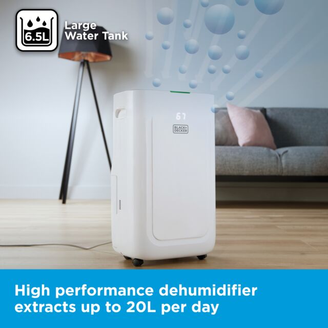 Black And Decker 20 Litre Dehumidifier With 24 Hour Time, 6.5 Litre Water Tank