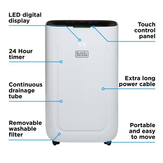 Black And Decker 20 Litre Dehumidifier With 24 Hour Time, 6.5 Litre Water Tank