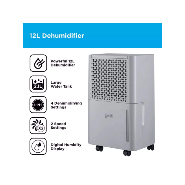 Black And Decker BXEH60016GBG Grey 12L Dehumidifier With 24 Hour Timer And 2.1L Water Tank