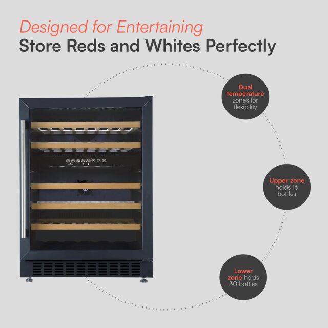 Cookology CWC605BK Black 59.5Cm Wide Dual Zone Wine Cooler -46 Bottles