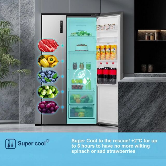 Fridgemaster MS91558DES Silver 91.1 Cm Wide No Frost Side By Side Fridge Freezer With 60/40 Split