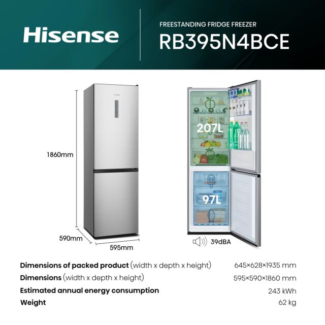Hisense RB395N4BCE Stainless Steel 59.5 Cm Wide Total No Frost Fridge Freezer With 60/40 Split