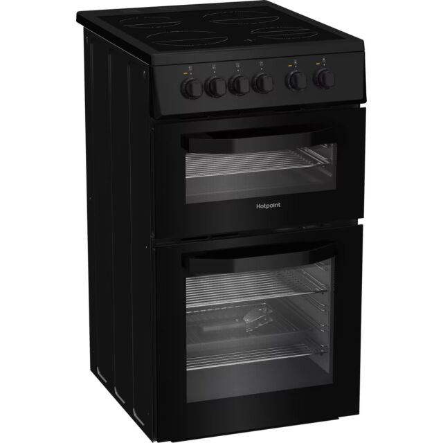 Hotpoint HTE5VCB Black 50Cm Wide Twin Cavity Electric Cooker With Ceramic Hob