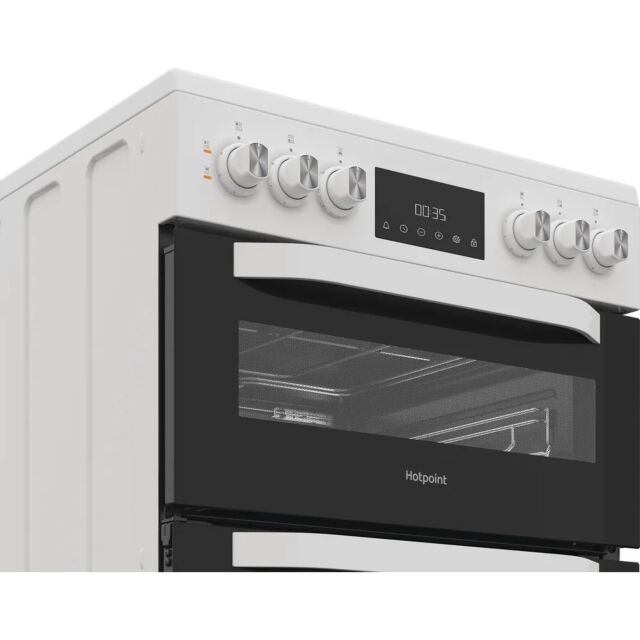 Hotpoint HTE6VDCW White 60Cm Wide Twin Cavity Electric Cooker With Ceramic Hob