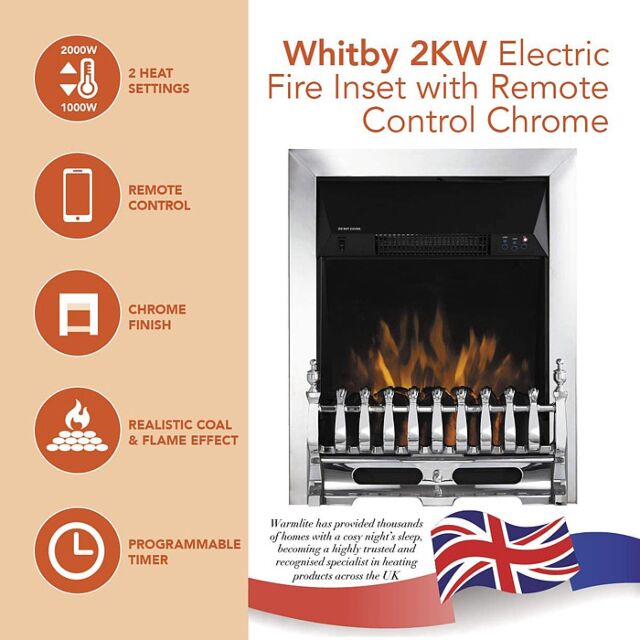 Warmlite WL45048 Chrome Whitby 2Kw Electric Inset Fire With Remote