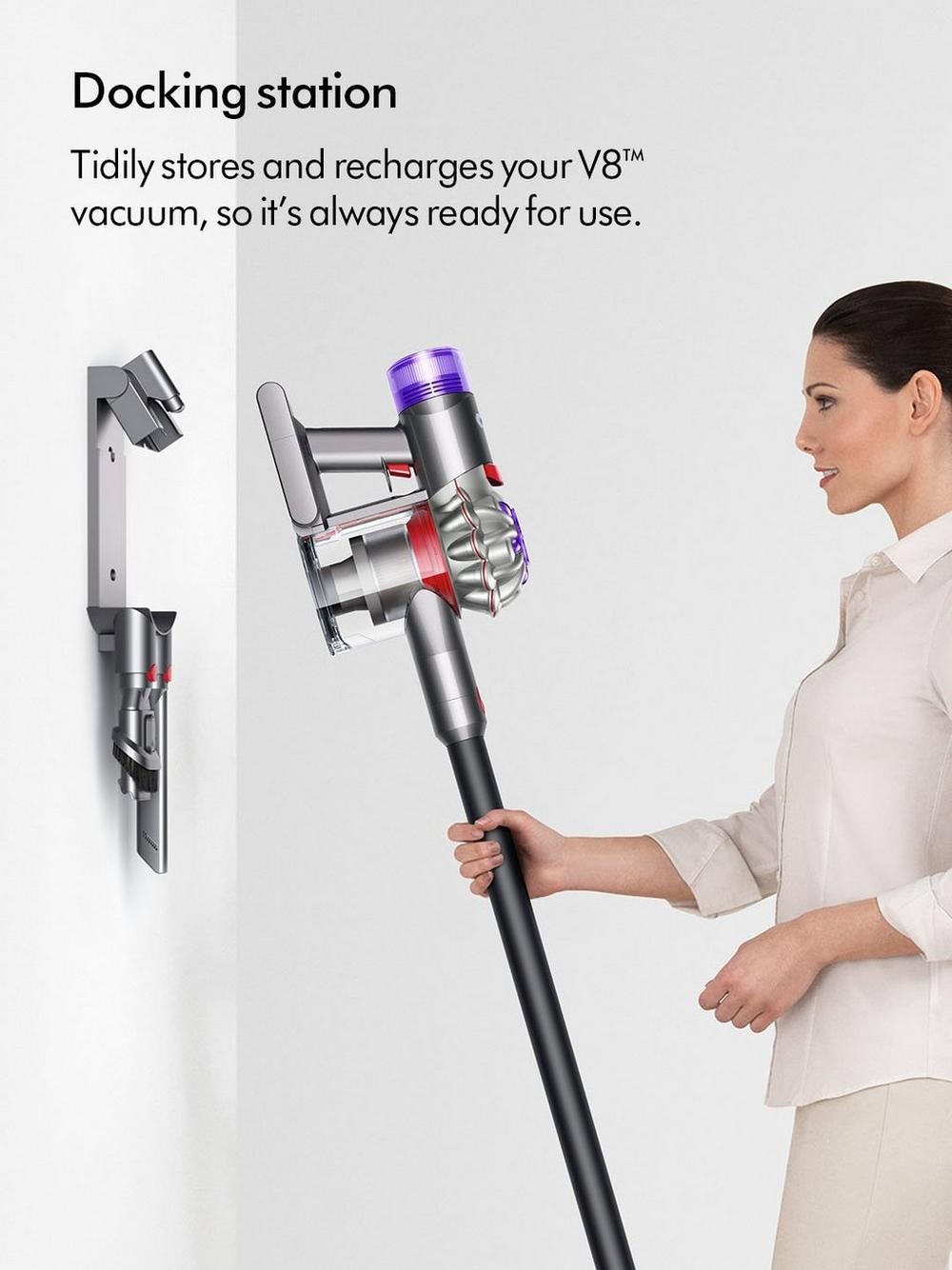 Docking station, which tidily stores and recharges your V8 vacuum, so it is always ready for use.